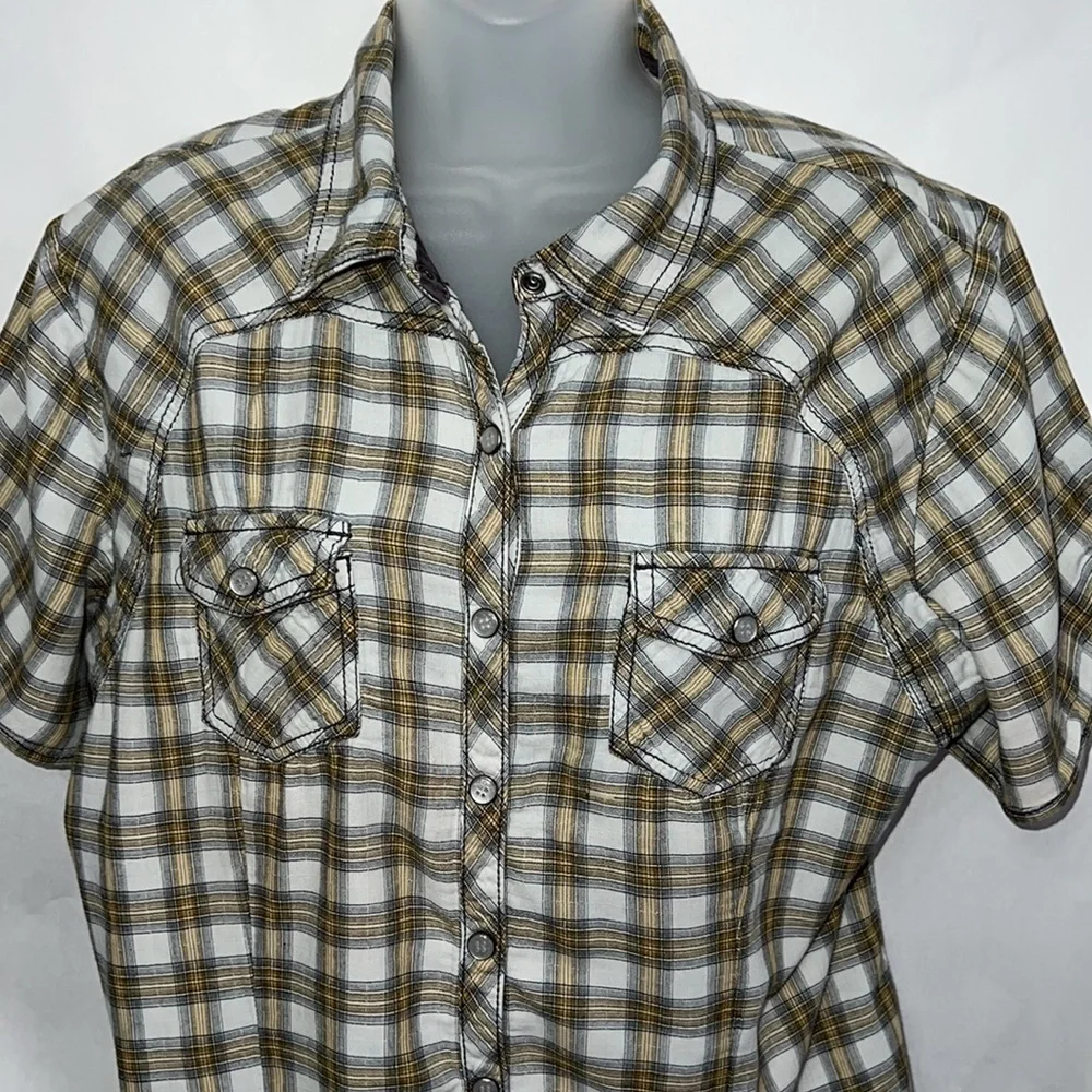 Harley Davidson Logo Womens Plaid Pearl Snap Short Sleeve Shirt Size Medium - Picture 3 of 6